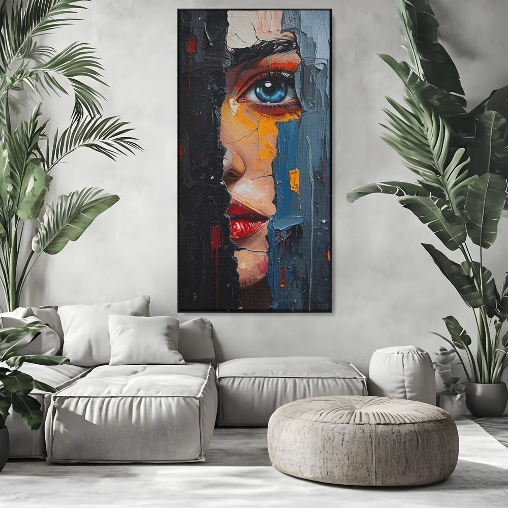 Tablou canvas cu tablou canvas cu portretul unei femei, in rama de aluminiu negru, pe perete intr-un living